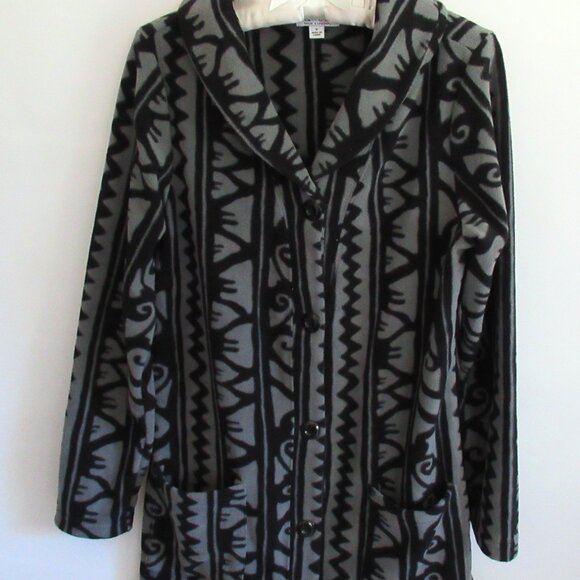 d & co. gray black geo fleece button front long sleeve coat jacket *Sz S* - Picture 1 of 5